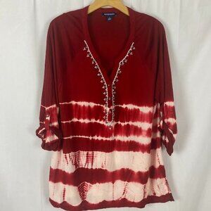 Bandolino Red Tye Dye Embellished V-Neck Tunic Women's XL.